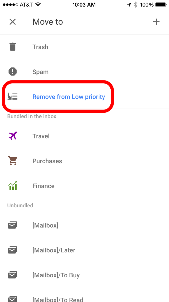 Inbox by Gmail - Remove from Low Priority